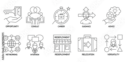 Professional opportunity icons for career coaching networking and interview success.Editable stroke, Vector illustration, Line art Icon, Symbols.