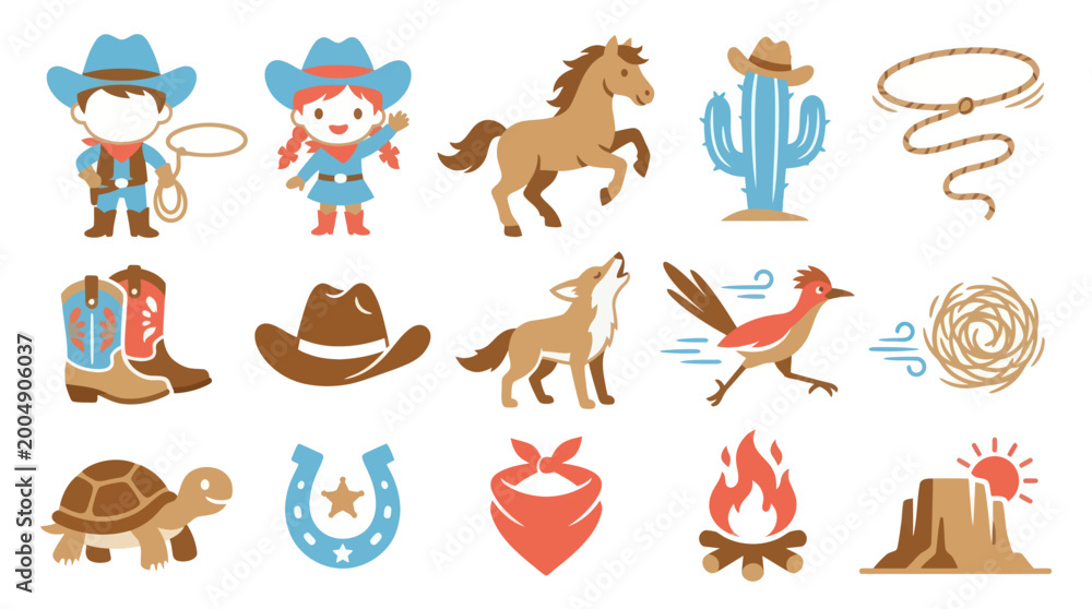 Obraz premium Wild West Cowboy Icons: Horse, Cactus, Lasso, Boots, Turtle, Coyote, Bird, Fire, Sun