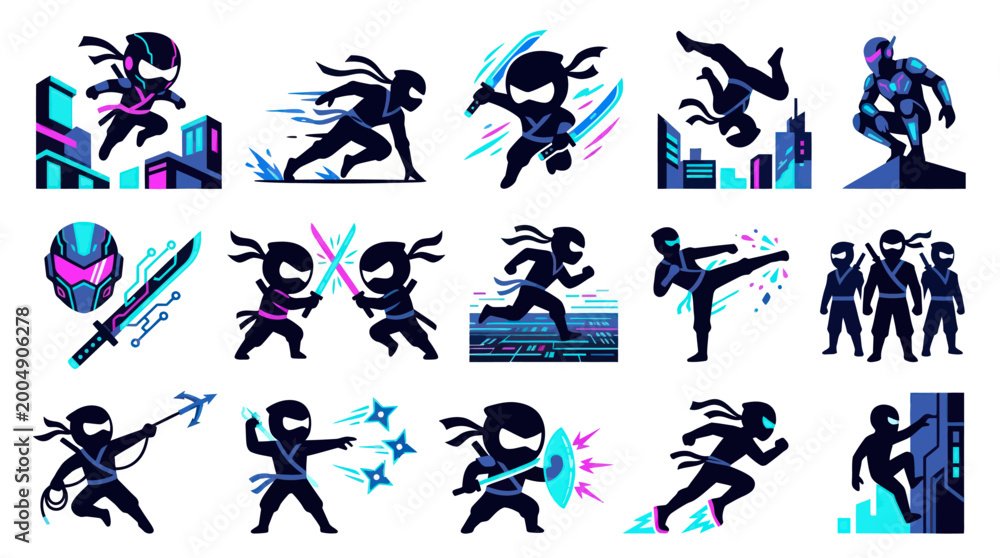 Fototapeta premium Ninja Action Flat Vector Icons - Martial Arts Stealth