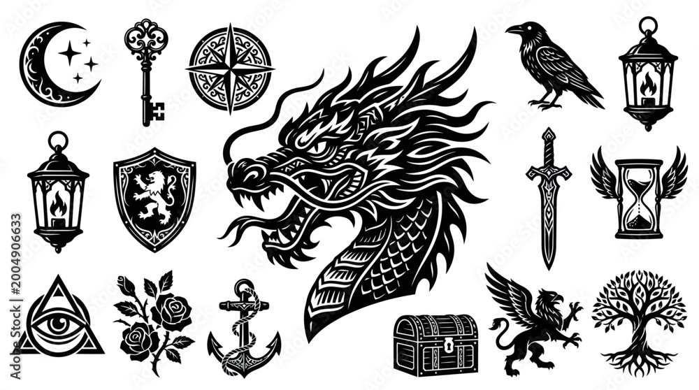 Fototapeta premium Fantasy Magic Medieval Black White Line Art Icons Set - Mystical and Mythological Symbols