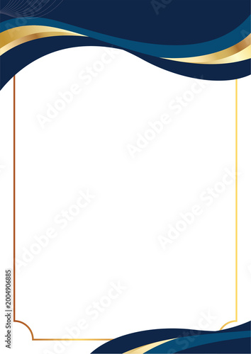 Elegant gold frame with navy blue and gold wave design on white background for luxury template
