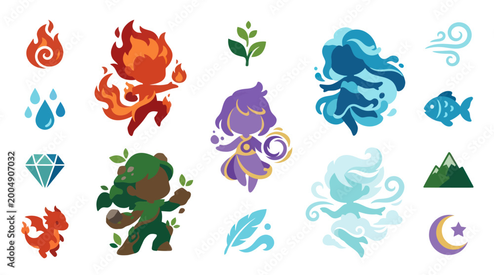 Obraz premium Elemental Characters: Fire, Water, Earth, Air, Magic - Flat Vector Icons