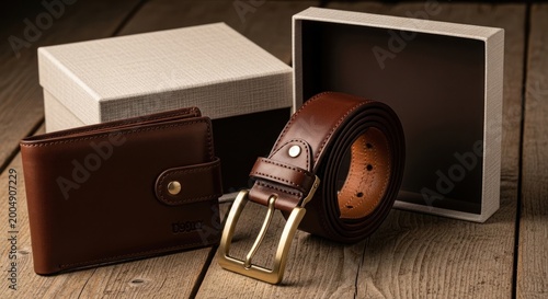 Luxury Leather Accessories: Brown Belt and Wallet with Gift Box
