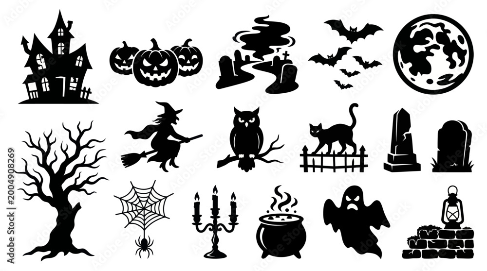 Obraz premium Halloween Silhouettes: Spooky Icons - Black White Vector Art