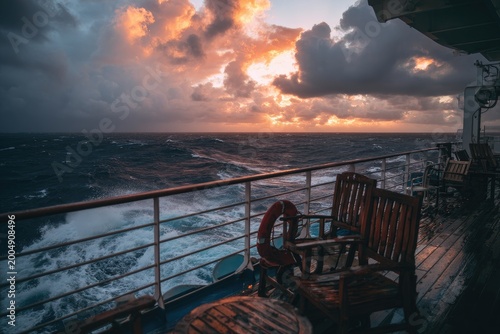 Ship deck view during a stormy sunset, featuring chairs and turbulent ocean