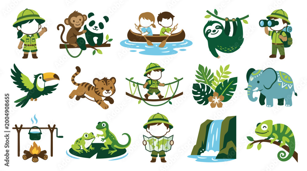 Fototapeta premium Jungle Adventure Flat Vector Illustrations with Safari Animals and Explorer Kids