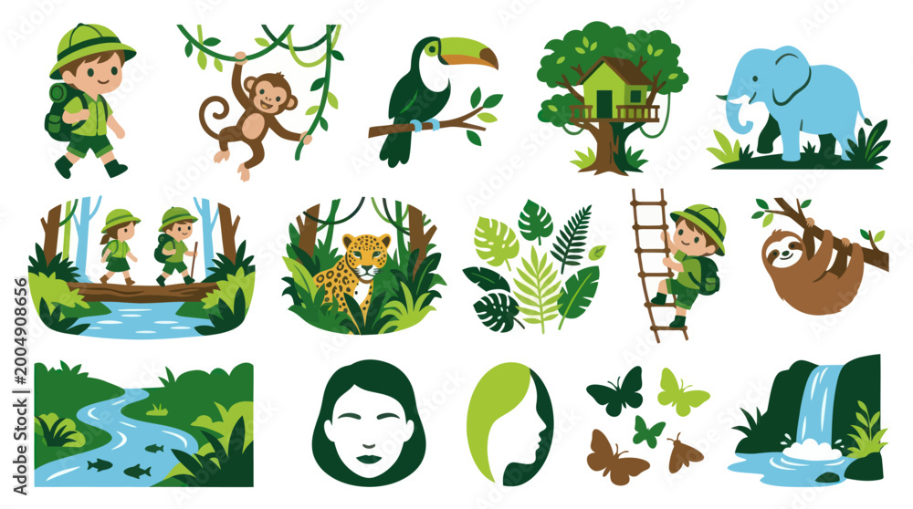 Obraz premium Flat Vector Cartoon Jungle Animals and Kids Exploring Tropical Forest
