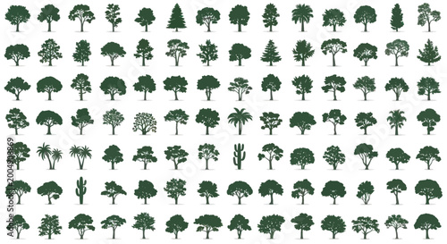 Foto Collection of various tree silhouettes on white background.