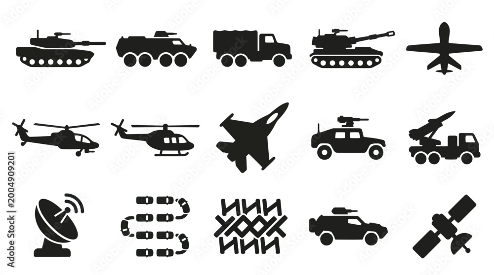 Fototapeta premium Military Vehicles and Aircraft Icons: Black and White Glyph Style