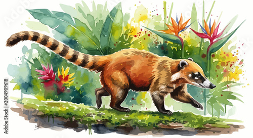Photos Watercolor illustration of a South American coati walking through a lush tropical jungle