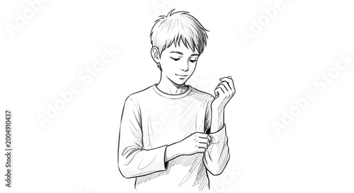 Young boy rolling up his sleeves, preparing for activity, black and white sketch