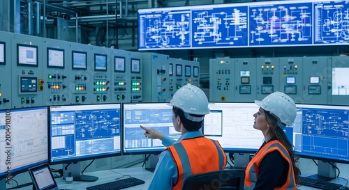 Engineers analyzing data in modern industrial control room