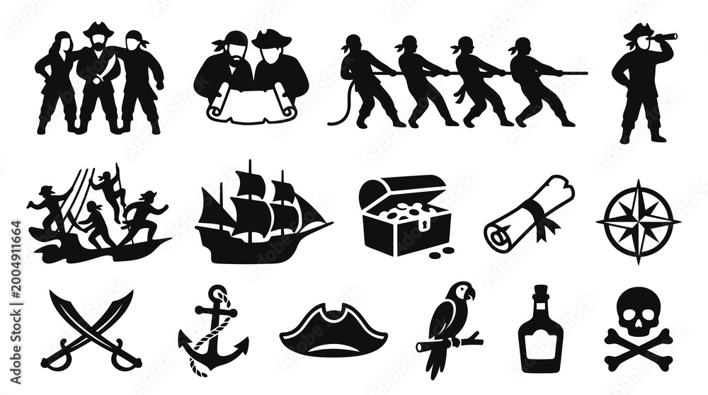 Obraz premium Pirate Adventure Glyphs Icon Set: Black White Symbols of Ships, Treasure Crew