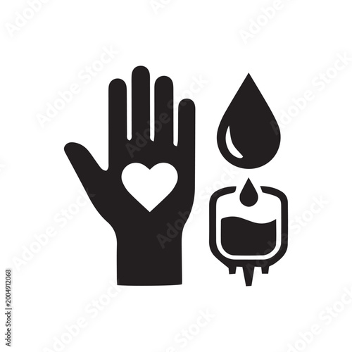 Blood donation concept with hand heart symbol and blood bag icon on white background