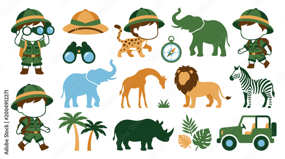 Fototapeta premium Safari Adventure Icons: Cute Cartoon Animals, Explorers Jeep