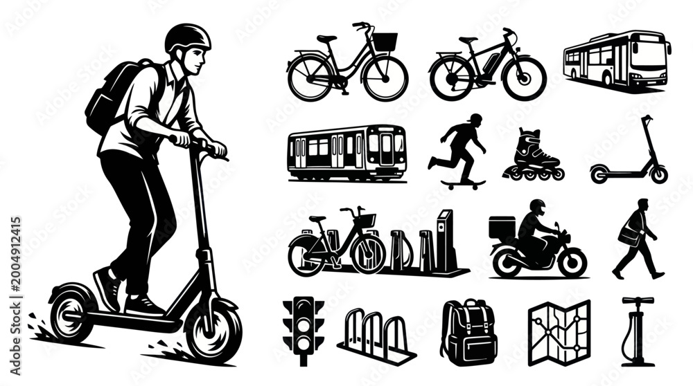 Fototapeta premium Transportation Icons: Scooter, Bike, Bus, Train, Skater, Rollerblades, Motorcycle, Walker
