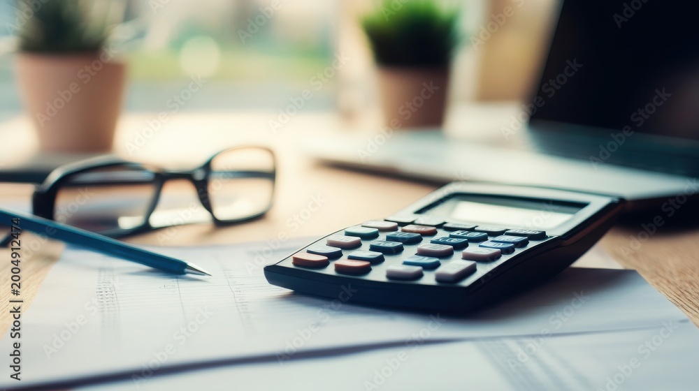 Fototapeta premium calculator on accountant desk with glasses and pen