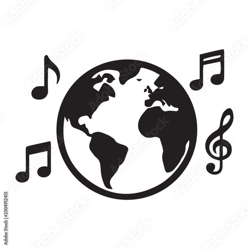 World music concept with earth globe and musical notes icon on white background