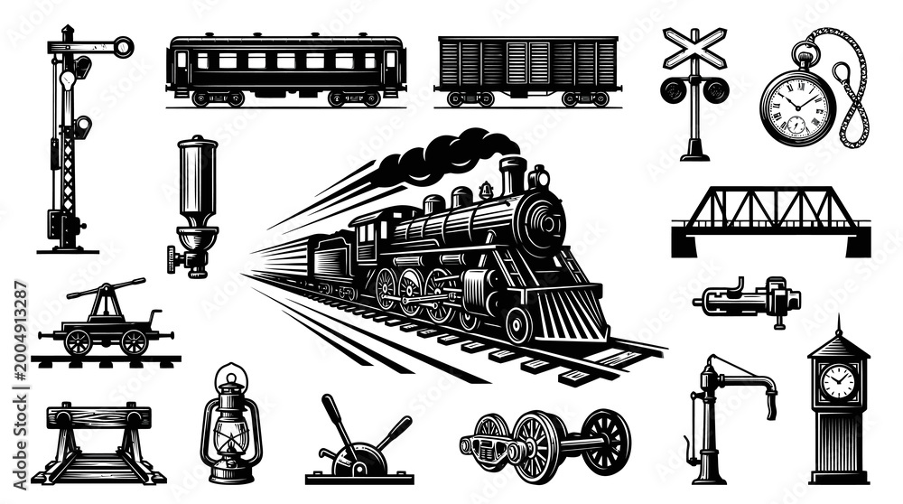 Obraz premium Vintage Train, Railroad, and Station Elements Black and White Vector Art