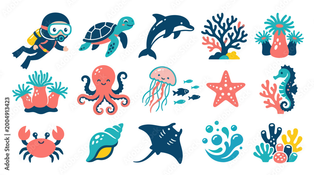 Obraz premium Cute Ocean Life Collection: Flat Style Vector Illustrations