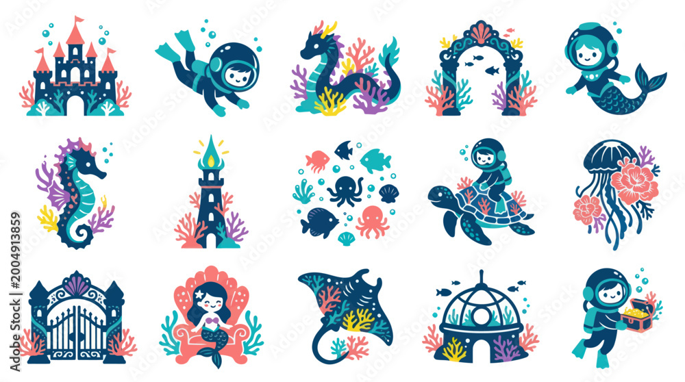 Obraz premium Flat Cartoon Underwater Adventure Marine Life Vector Icons Set