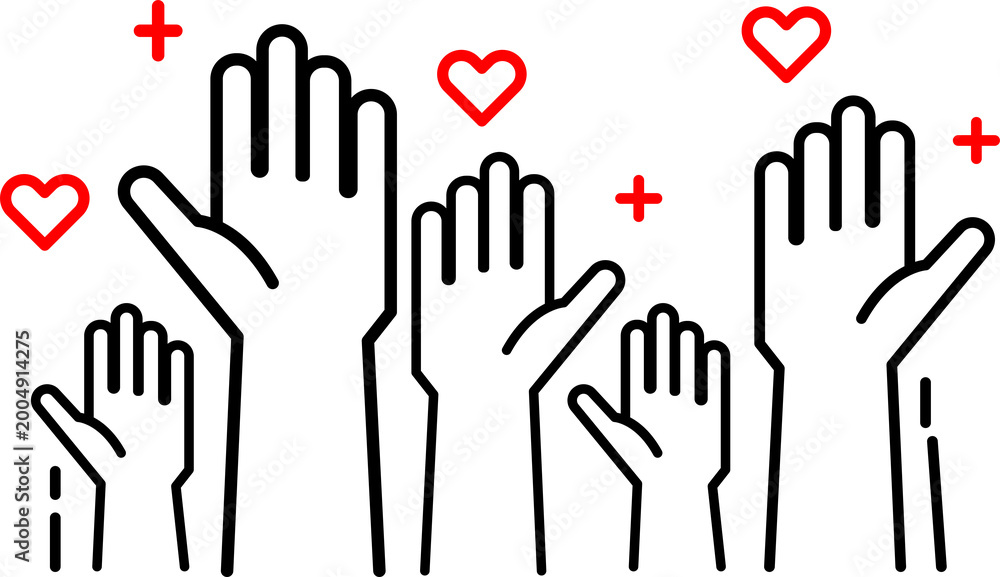 Fototapeta premium Hands raising with red love hearts icon isolated on transparent background