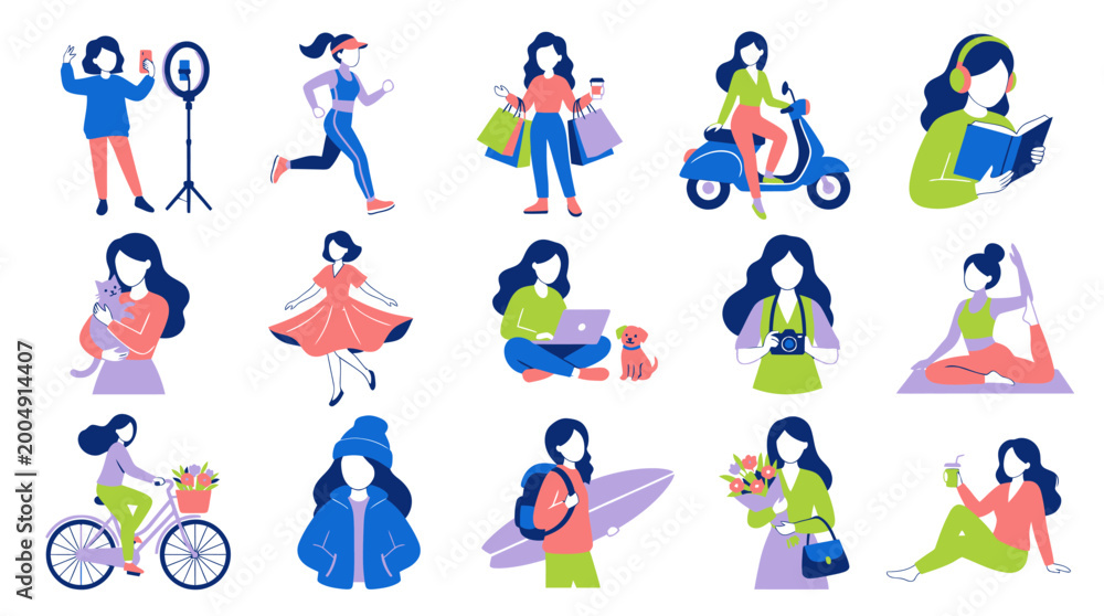Fototapeta premium Flat Style Vector Illustration of Women in Various Activities