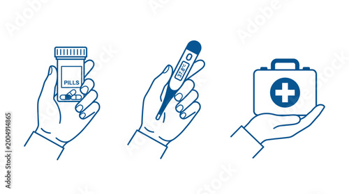 Hands hold medical supplies including pills, a thermometer, and a first aid kit.