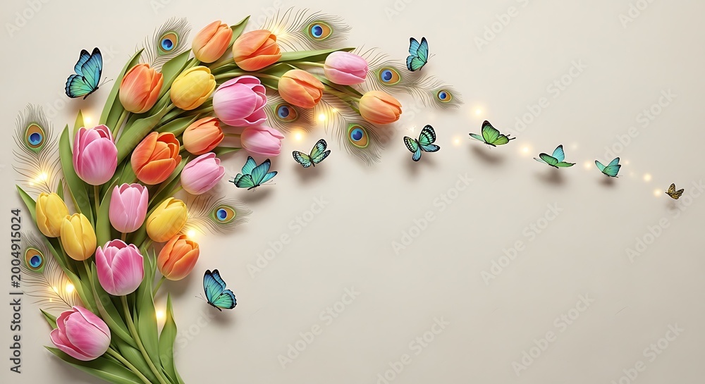 Vibrant Floral Heart with Roses and Butterflies on Peacock Feathers