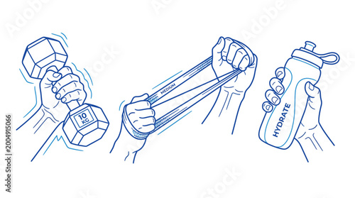 Hands demonstrate fitness activities with a dumbbell, resistance band, and water bottle.