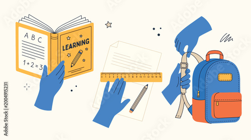 A colorful illustration depicts hands engaging with learning materials including a book, ruler, pencil, and backpack.