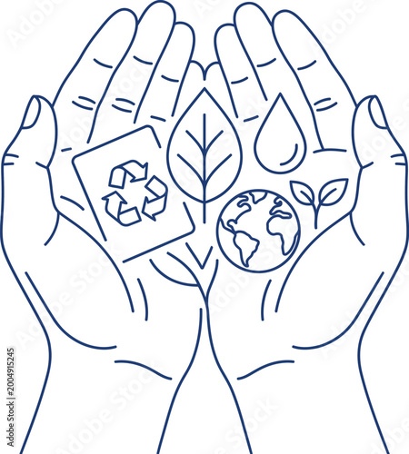 A stylized drawing of open hands displays icons of environmental preservation and natural elements.
