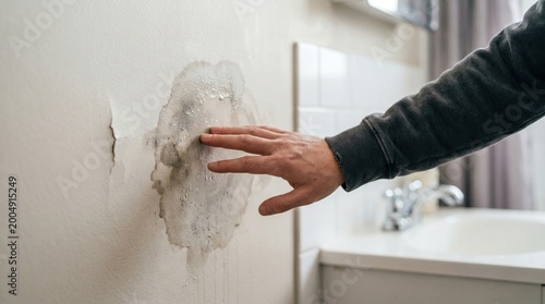 Hidden water damage discovery, hand touching damp bathroom wall, moisture stain, insurance claim concept