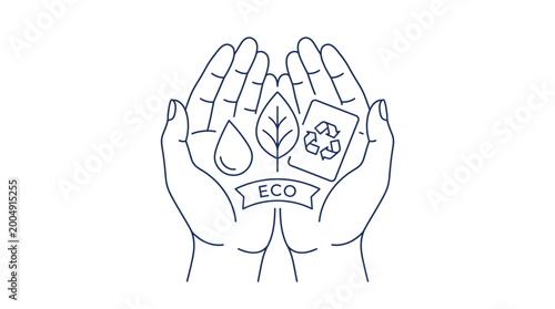 Open hands cradle an assortment of symbols representing ecology and environmental care.