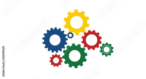 Colorful gear wheels turning together.