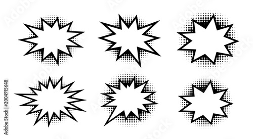 Blank Comic Speech Bubble Burst Set with Retro Halftone Effect Vector Illustration Set