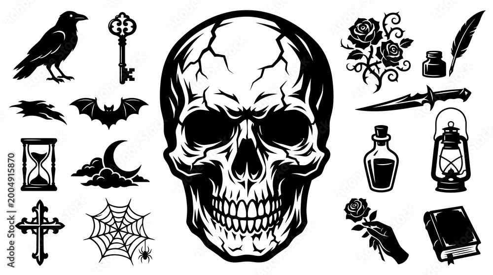 Fototapeta premium Black and White Gothic Vector Icons: Skull, Raven, Roses, Dagger