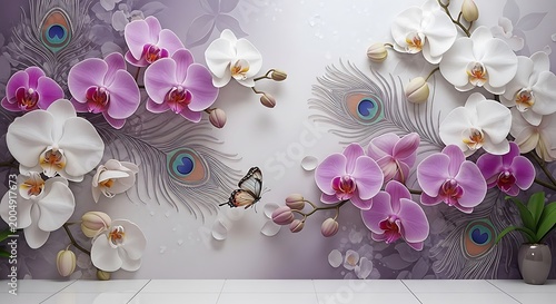Cherry Blossom Background with Butterfly on Peacock Feather, Bokeh Lighting