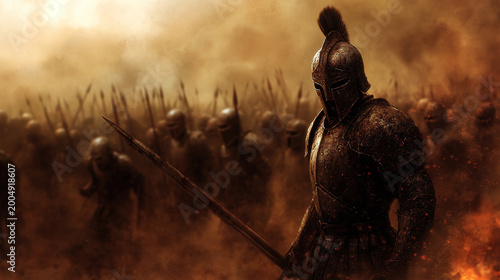 Ancient warrior in armor leading a dusty army into battle with swords and spears