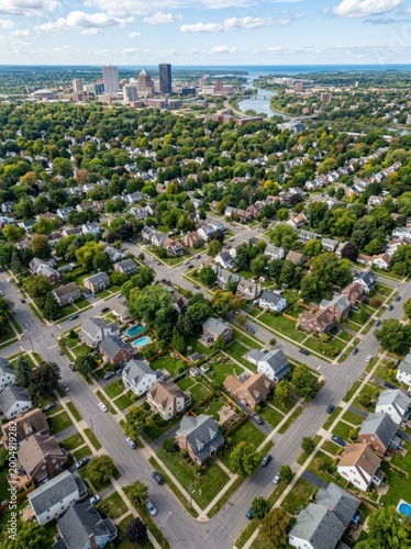 An aerial photograph captures a suburban cityscape with dense residential areas and a prominent city skyline in the background.