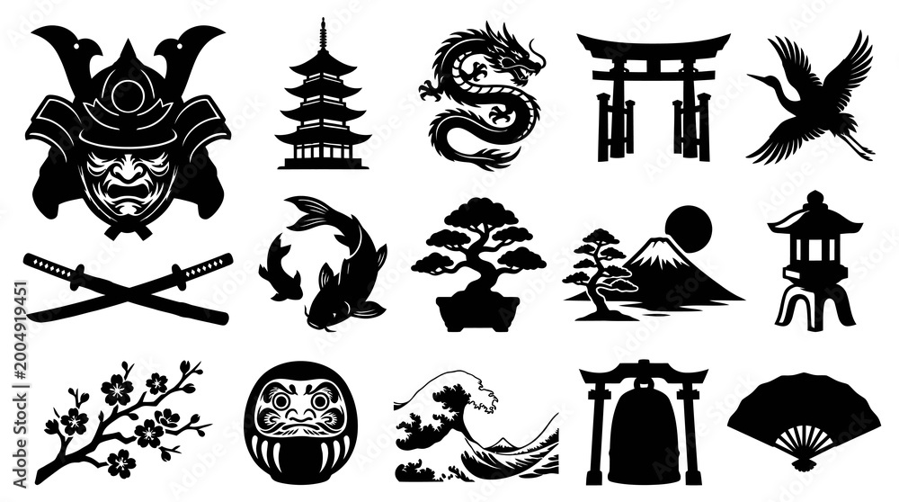 Obraz premium Japanese Culture Travel Black Silhouette Glyph Icons Set - Traditional Symbols Elements