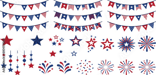 Fényképezés American Independence Day decoration set with patriotic bunting garlands stars a
