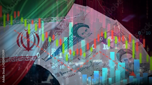 фотографія Iran Economic Crisis Concept with Iranian Rial Banknotes and Falling Stock Marke