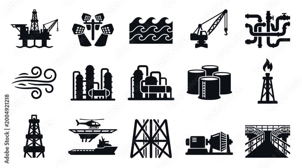 Fototapeta premium Oil and Gas Industry Icons: Offshore Rig, Refinery, Crane, Pipes, Wind Turbine