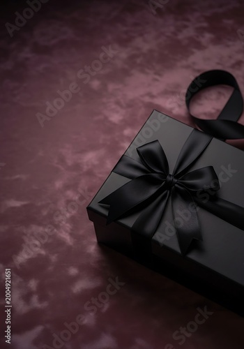 Elegant Black Gift Box with Satin Bow on Dark Maroon Background