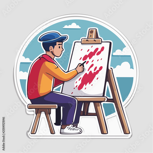 Artist painting on canvas with red paint
