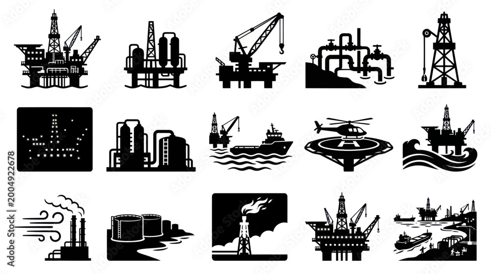 Obraz premium Oil and Gas Industry Icons Set: Petroleum Drilling, Refining, Transport Glyphs