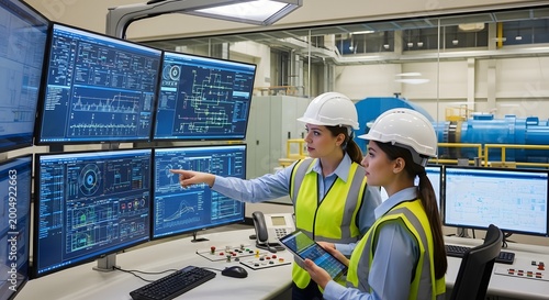 Engineers monitoring data screens in advanced control room