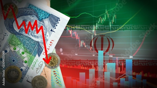 Принти на полотні Iran Economic Crisis Concept with Iranian Rial Banknotes and Falling Stock Marke