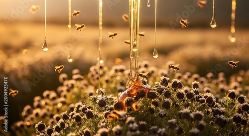 Bees flying around dripping golden honey over purple flowers liquid